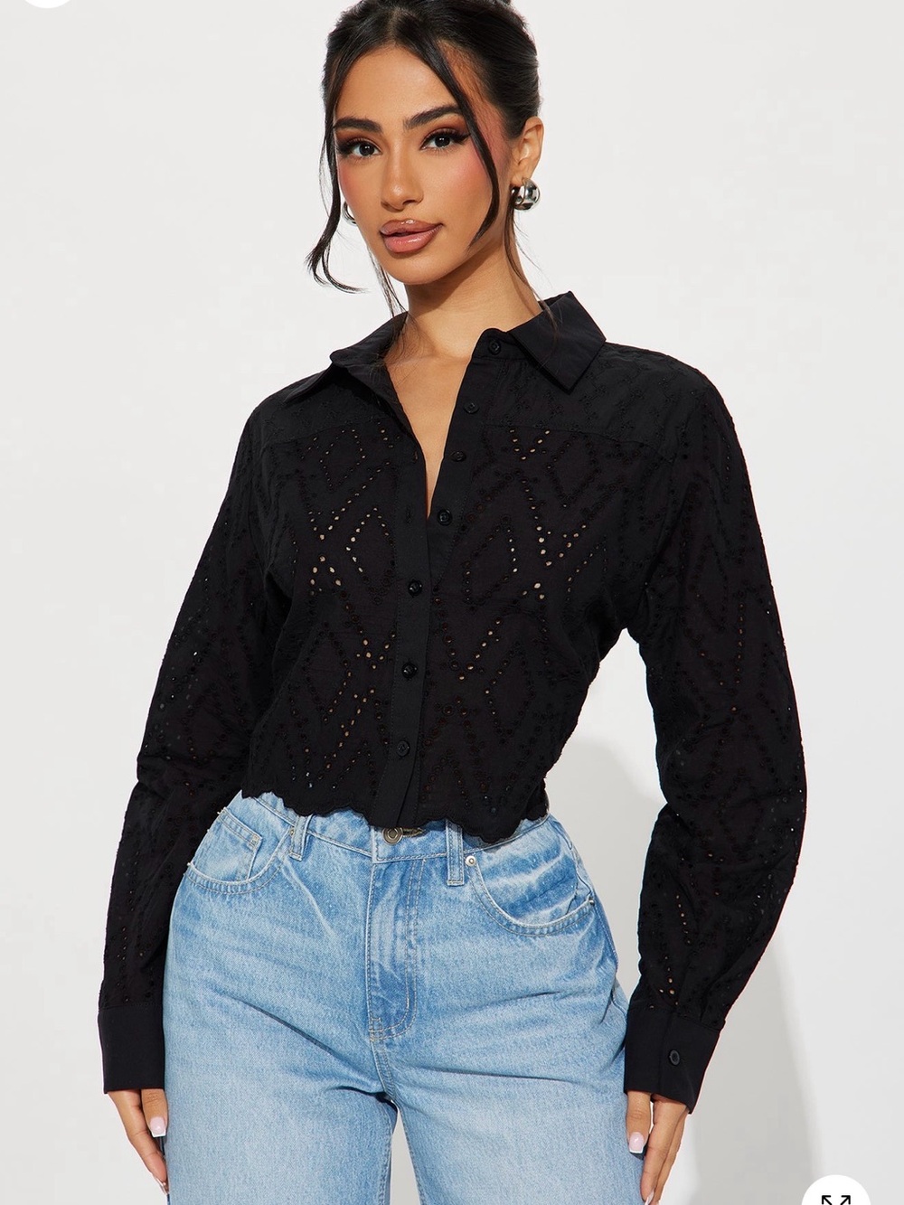 Fashion Nova Black Eyelet Button-Down Shirt